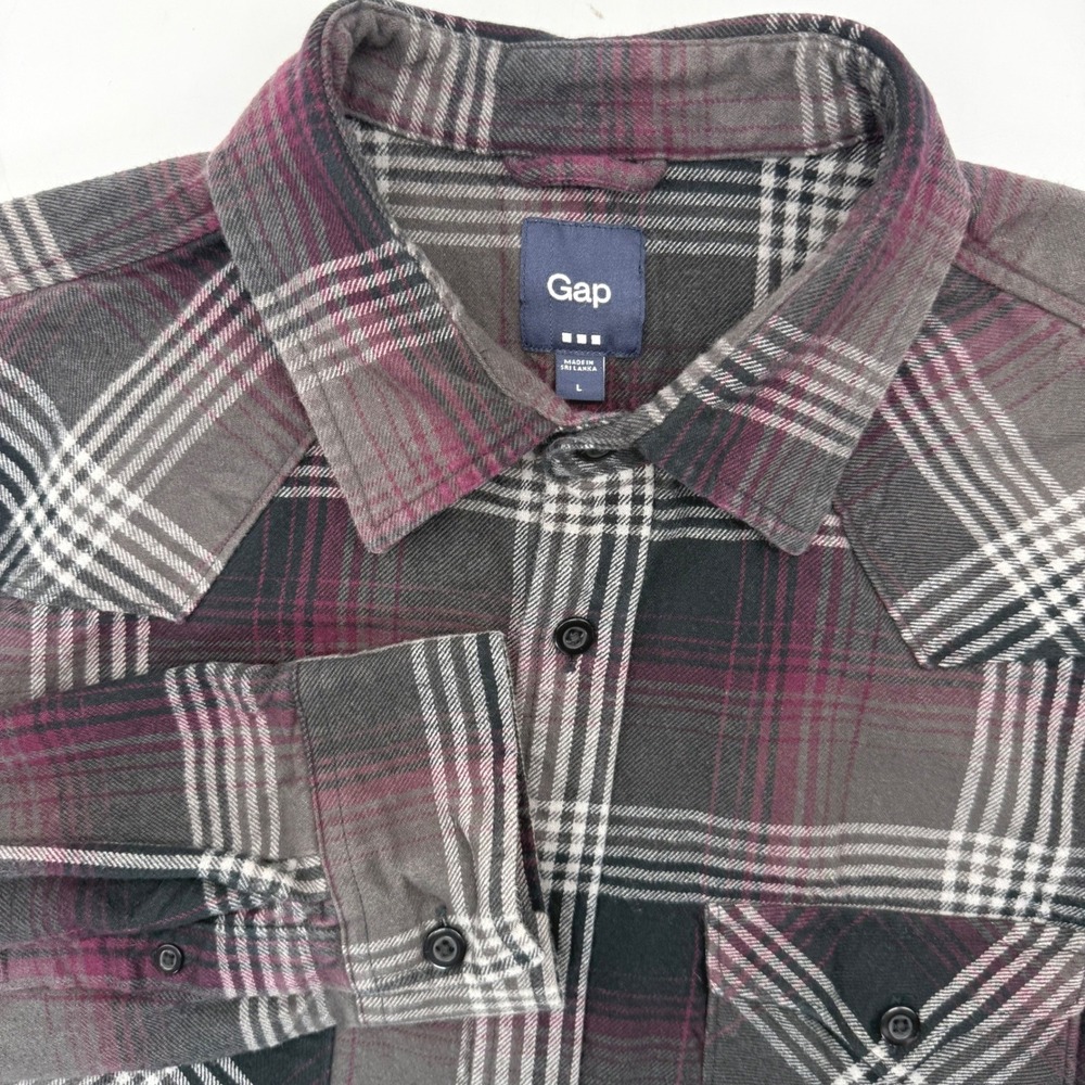Gap Flannel Shirt Mens L Burgundy Grey Plaid Western Button Down Long Sleeve‎